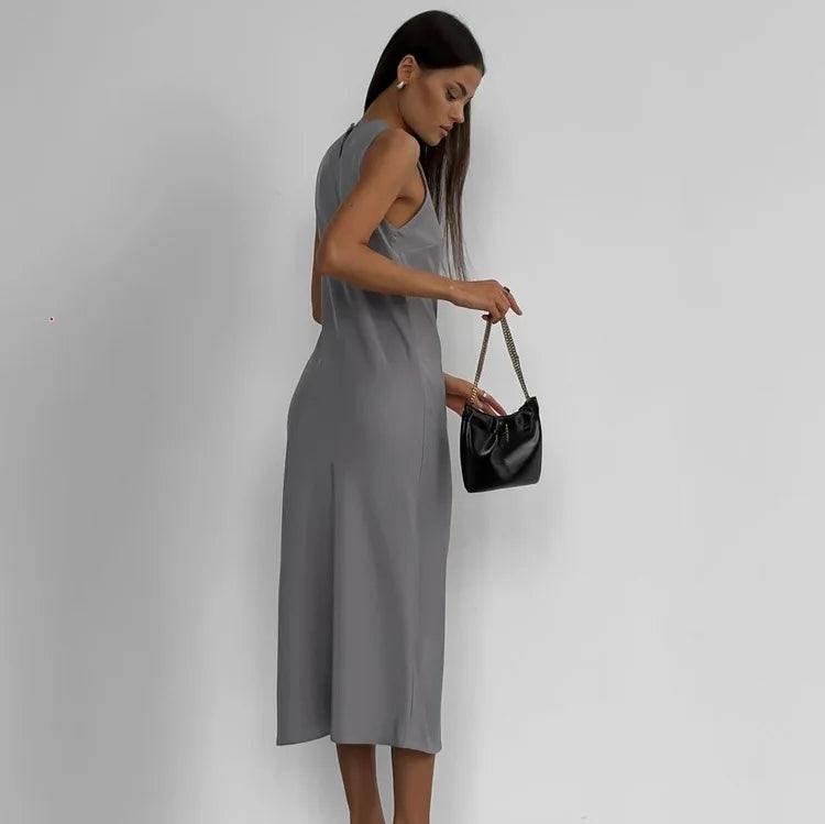Cralom Women's Solid Sleeveless Vest Dress Slim Fit & Versatile Long Skirt