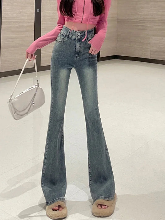 Cralom High Waist Flare Jeans | Vintage Streetwear Slim Fit Pants for Women