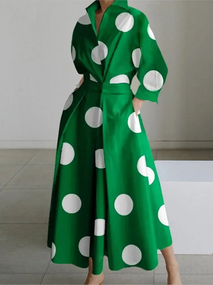 Cralom White Dot Print Maxi Dress - Elegant V Neck Autumn Long Sleeve Party Robe
