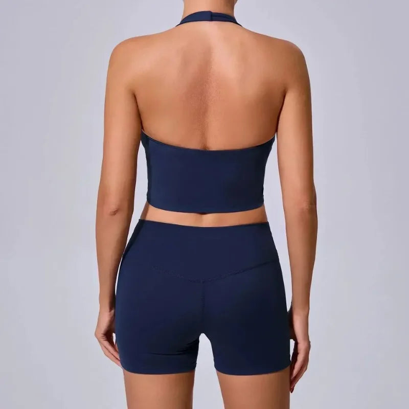 Cralom High Waist Yoga Shorts & Backless Bra Set for Women, Gym Workout Fitness Outfit