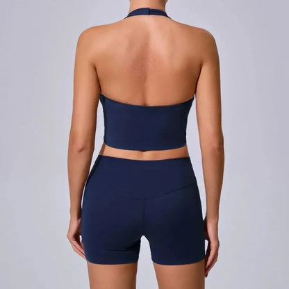 Cralom High Waist Yoga Shorts & Backless Bra Set for Women, Gym Workout Fitness Outfit