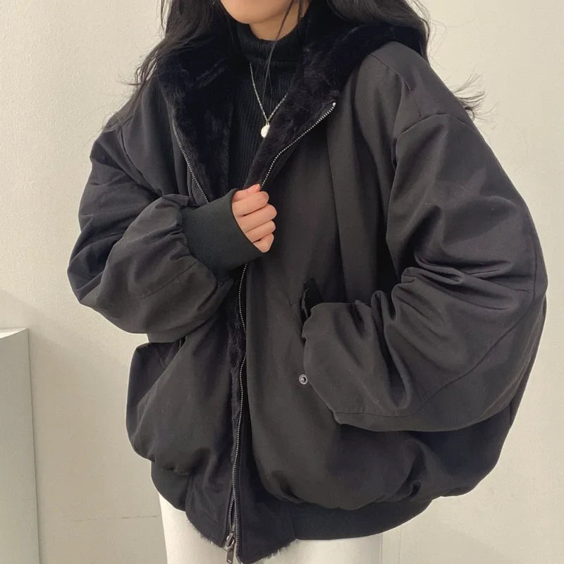 Cralom Women's Cashmere Padded Hooded Jacket Double-Sided Lamb Wool Coat