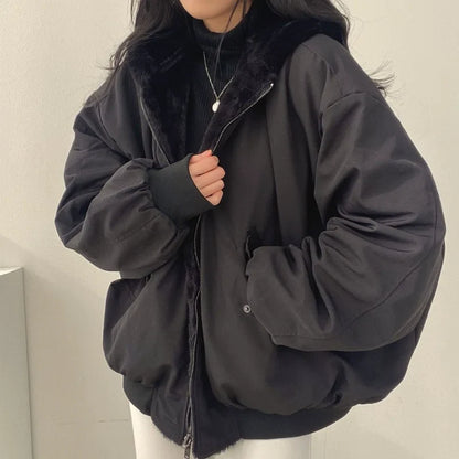Cralom Women's Cashmere Padded Hooded Jacket Double-Sided Lamb Wool Coat