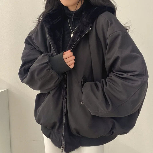 Cralom Women's Cashmere Padded Hooded Jacket Double-Sided Lamb Wool Coat