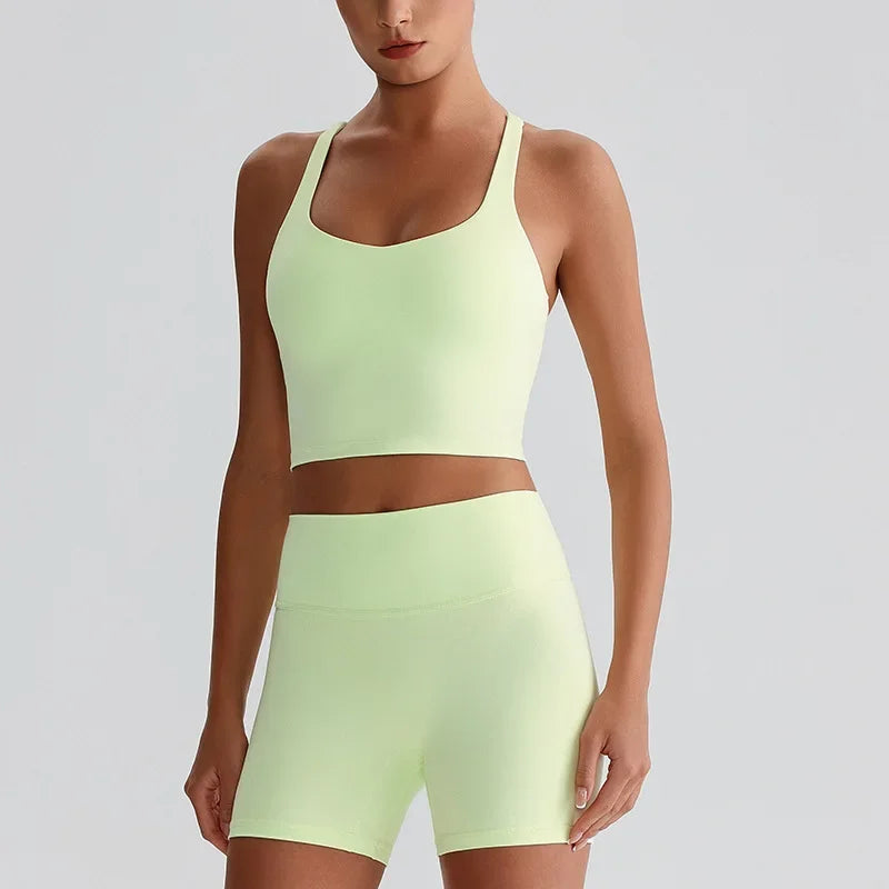 Cralom Naked Feel Yoga Set: Backless Top & Peach Booty Shorts