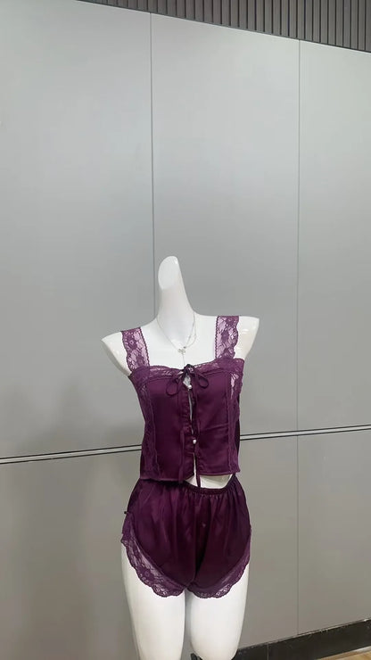 Cralom Lace Detail Ice Silk Pajama Set