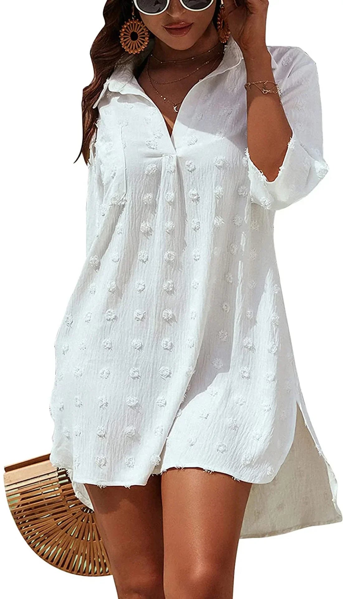 Cralom White Jacquard Split Collar Shirt Medium Length Cover