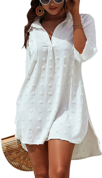 Cralom White Jacquard Split Collar Shirt Medium Length Cover