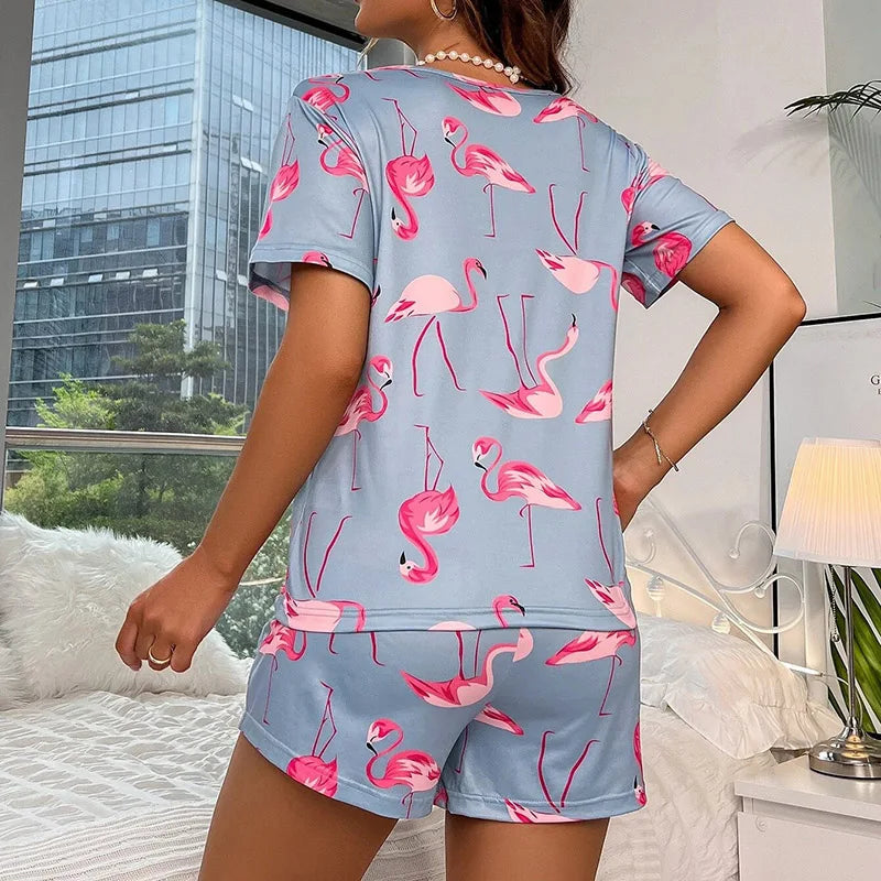 Short Sleeve Flamingo Print Pajama Set by Cralom