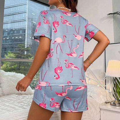 Short Sleeve Flamingo Print Pajama Set by Cralom