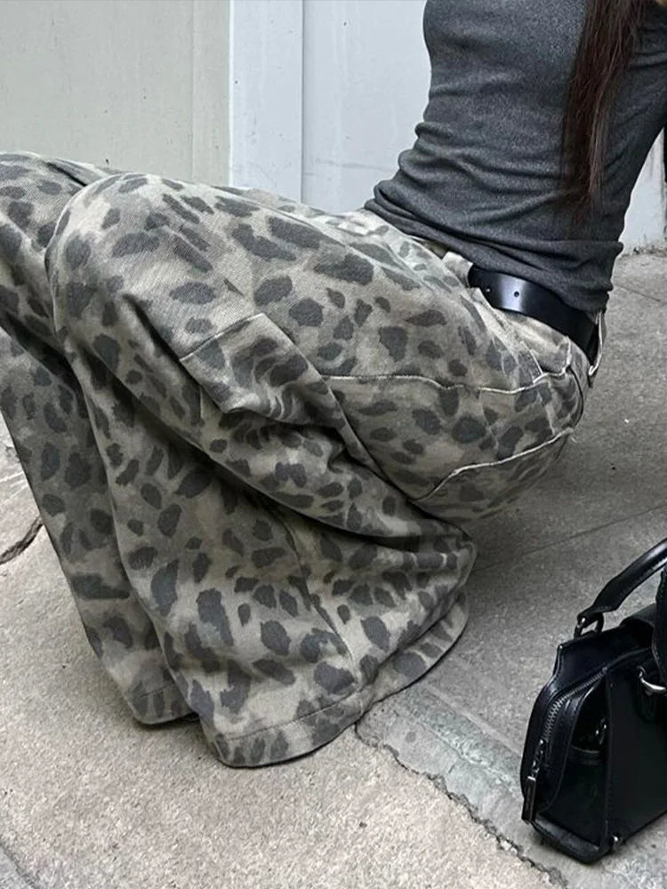 Cralom Vintage Distressed Leopard Jeans: High Waist Wide Leg Pants