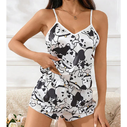 Cralom Floral Print Satin Pajama Set: V-Neck Cami & Shorts Loungewear