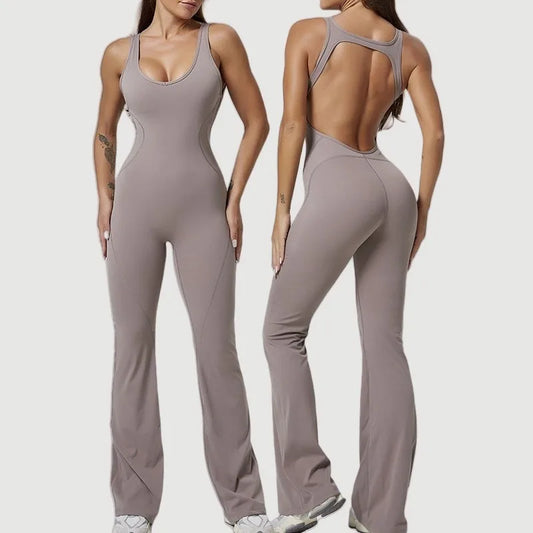Cralom Seamless Yoga Bodysuit - Flare Leg Booty Lifting Jumpsuit for Gym
