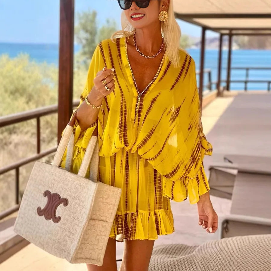 Cralom Diamond Print V-Neck Bat Sleeve Chiffon Dress