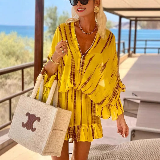 Cralom Diamond Print V-Neck Bat Sleeve Chiffon Dress