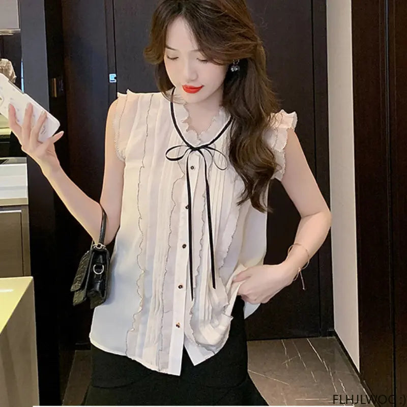 Cralom White Lace Ruffles Button Down Blouse-Limited Edition