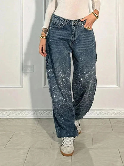 Cralom Rhinestone Wide Leg Vintage Jeans Women Y2K Korean Fashion Straight High Waist