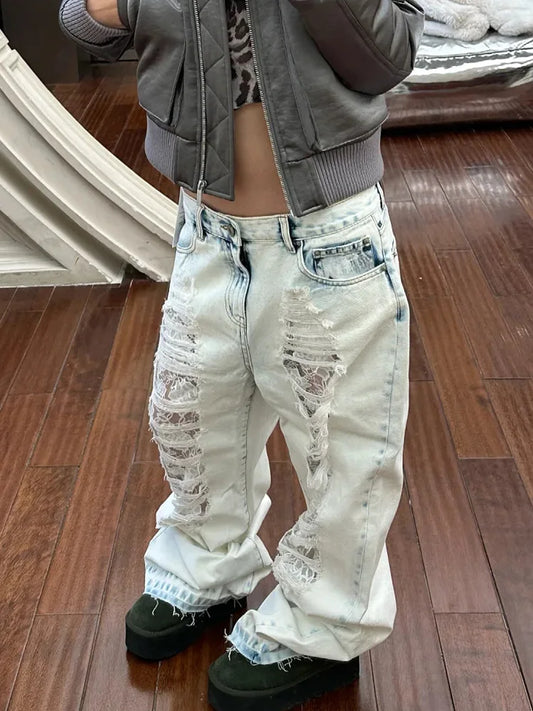 Cralom Vintage Lace Spliced Wide Leg Jeans - 2025 Collection