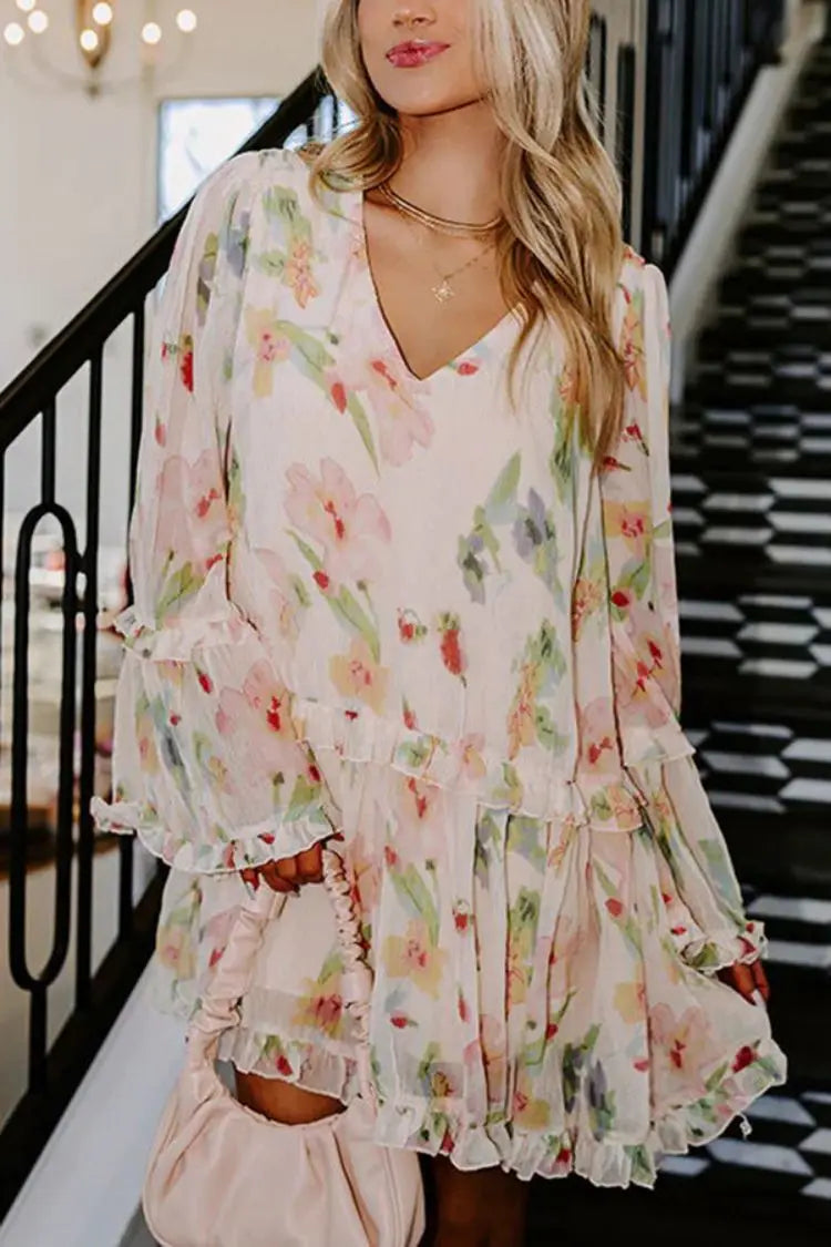 Cralom Sweet Mushroom Edge Double Layered V-neck Mini Dress