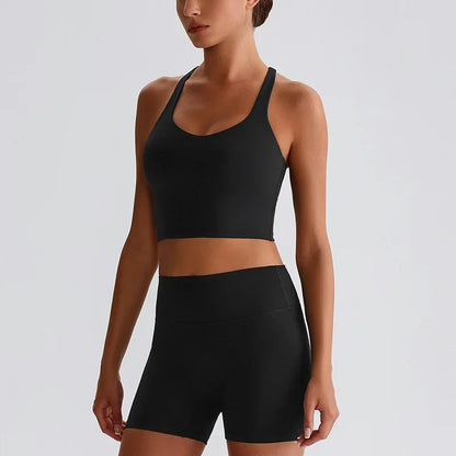 Cralom Naked Feel Yoga Set: Backless Top & Peach Booty Shorts