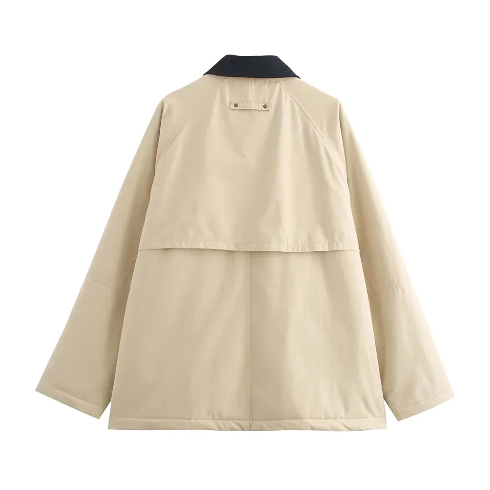 Cralom Spliced Pockets Jacket, Loose Fit, Long Sleeve, Lapel, Minimalist Style