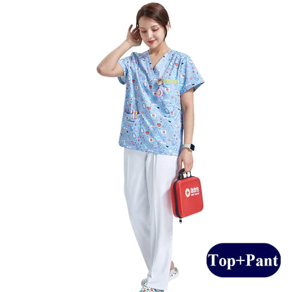 Cralom Pig Print V-Neck Top & White Pants Set for Women