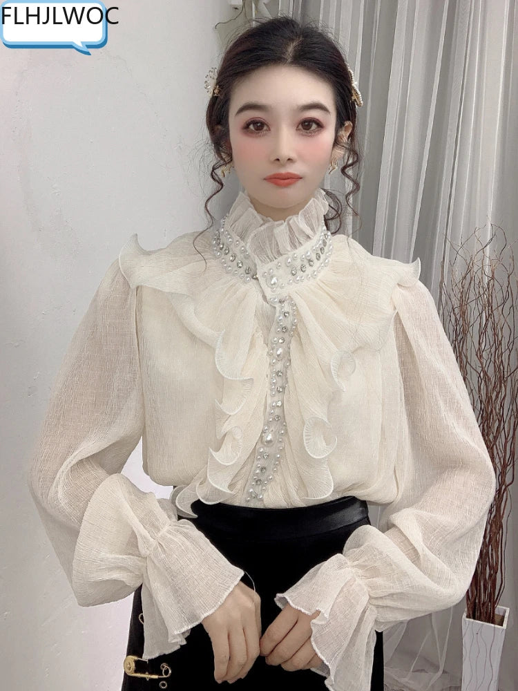 Cralom Flare Sleeve White Blouse with Bead Detail
