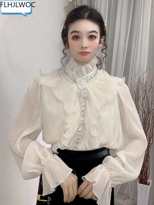 Cralom Flare Sleeve White Blouse with Bead Detail