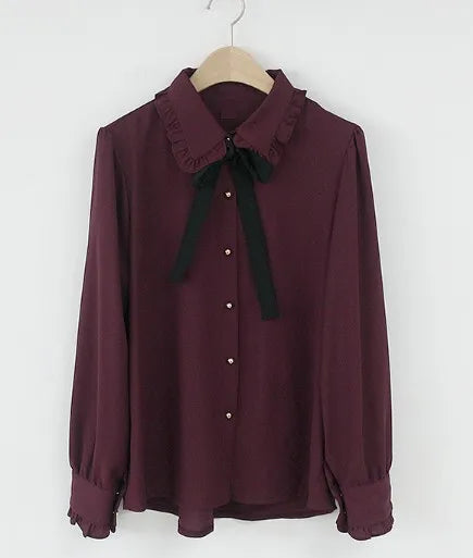 Cute Preppy Style Chiffon Blouse Girls Bow Tie Shirt Peter Pan Collar Top by Cralom