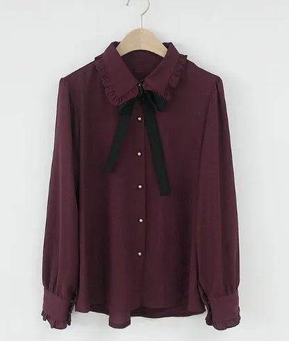 Cute Preppy Style Chiffon Blouse Girls Bow Tie Shirt Peter Pan Collar Top by Cralom