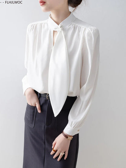 Cralom Elegant Long Sleeve Bow Tie Blouse for Women Office Chic White Shirt
