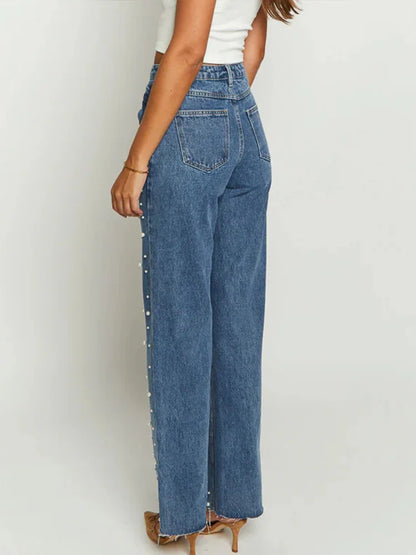 Cralom Beaded Vintage Washed Blue Jeans - High Waist Loose Straight Pant