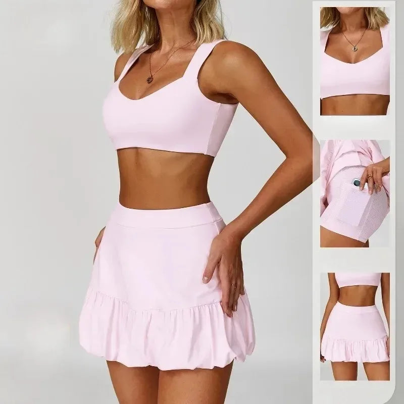 Cralom Seamless Yoga Set: Sports Bra, Anti-Slip Shorts, Tennis Skirt
