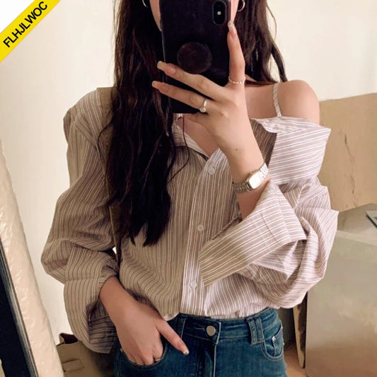 Cralom Off-Shoulder Striped Button Top: Chic, Sexy, and Casual Style
