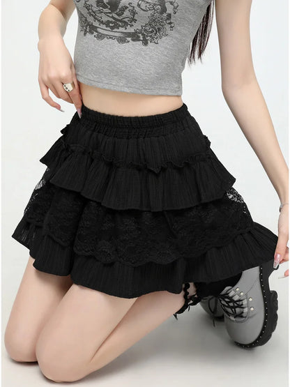 Cralom Sweet Ruffles A Line Mini Skirt - High Waist Lace Spliced Slim Solid Style